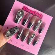 Dark Night Enchantress Handcrafted Press-On Nails - Aurora Black Gemstone Gradient, Dark Femme Fatale Style