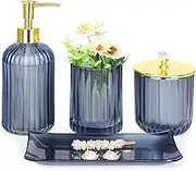 Haturi Bathroom Accessories Set, 4 Pcs Blue Glass Bathroom Accessories Sets Complete w/Lotion Soap Dispenser, Toothbrush Holder, Apothecary Jar, Vanity Tray, Bathroom Decor, Home Apartment