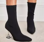 Womens Fashion Pointy Toe Black Stretchy Socks Shoes Slim High heels Ankle Boots