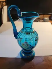 Bill Fenton Signed New Century Collection Blue Glass Pitcher XXI Hand Painted