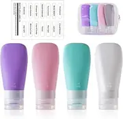 Gipoowaa 4 Pcs Portable 3oz Travel Bottles for Toiletries, Leak Proof Squeezable Silicone with Clear Toiletry Bag and Label Paper, Travel Size Containers, Travel Accessories