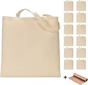 FunisFun 12 Pack Blank Canvas Tote Bags Bulk Shopping Bag for Crafts with 1 Piece of PTFE Teflon Sheet DIY Reusable Grocery Bag, 15 X 16 Inch, Off-white, Large