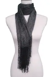 Shawl Wrap Scarf Elegant Black/Silver Metallic w/Fringe and Securing Ring