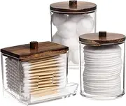 Tbestmax Qtips Holder Bathroom Container, 10/7 OZ Cotton Ball/Swabs Dispenser, Apothecary Jar Organizer for Storage Brown Wood Lids