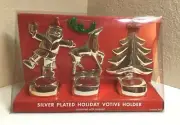 3 PC. SILVER PLATED HOLIDAY VOTIVE CANDLE HOLDER SET-ENAMEL Accent NIB