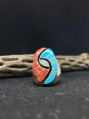Zuni Inlay Coral & turquoise Silver mens Ring Size 10 Amy Quandelacy