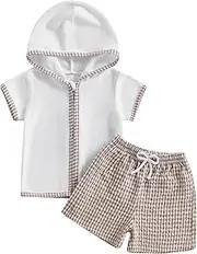 [KtwHarnu] Toddler Baby Boy Girl Swimsuit Cover Up Towel Hooded Zip Swim Tops Striped/Plaid Seersucker Shorts Set Beach Coverup