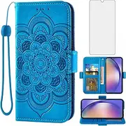 [Asuwish] Phone Case for Samsung Galaxy A54 5G Wallet Cover with Tempered Glass Screen Protector and Leather Flip Credit Card Holder Stand Cell Accessories A545G A 54 54A 4G G5 SM A546U Women Men Blue