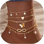 [CJIAYUJEW] Gold Ankle Bracelets for Women 14k Gold Plated Cuban Link Pearl Butterfly Star Rhinestone Anklets Set Layered Chain Adjustable Size