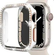 [Miimall] Case Compatible with Apple Watch Series 7 41mm 45mm Tempered Glass Film, Bling Crystal Rhinestone Hard PC Frame Protective Cover All-Around Protective Shell for iWatch Series 7-White Rose gold