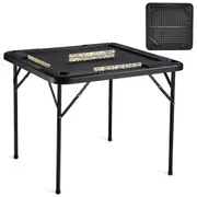 Mahjong Table, Square 4 Player Folding Card Table with 4 Cup Holders & 4 Chip Trays, Portable Domino Game Table with 1 Set of Dominoes for Mahjong Poke Puzzles, 90 x 90-inch,