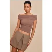 Mushroom Stretch Chiffon Ruched Detail Long Top, Mushroom
