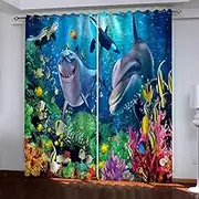 Print Blackout Curtains Underwater Dolphins 2 x W132cm x D213cm 3D Print Window Curtains, Thermal Insulated Darkening Grommet Drapes 2 Panel Set for Living Room Bedroom Kitchen Decor