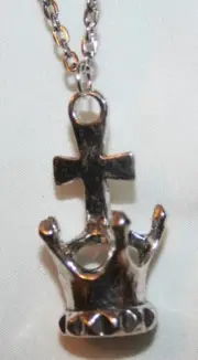 Handsome Sculpted Silvertone Cross & Crown Christus Victor Pendant Necklace