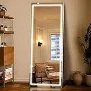 LED Mirror Full Length, 63” x 20” Full Length Mirror with Stand, HD Reflection & Tempered Glass, LED Floor Mirror for Living Room Bedroom Cloakroom, Silver