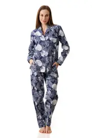 Ladies Givoni Cotton Long Length Flannelette PJS Set Navy Blue Floral (Drew 96D)