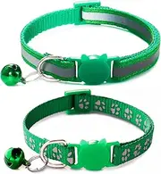 Green Breakaway Kitten Collar with Bells, [2 Pack] Break Away Cat Collar with Bells, Reflective Cat Collar for Boy Cats Kitty