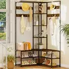 6-in-1 Entryway Hall Tree with Bench and Shoe Storage Shelves Vintage Coat Rack