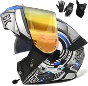 Motorbike Bluetooth Modular Helmet with Double Visor and Microphone Full Face Flip Up Motorcycle Helmet DOT/ECE Approved, for Adult Men and Women C,L=59-60CM