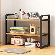 Hbluefat Desktop Organizer Shelf, 2-Tier Adjustable Desk Bookshelf, Tabletop Small Wood Bookcase, Multipurpose Display Storage Rack for Home Office (Wood+Black)
