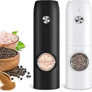 Electric Salt and Pepper Grinder Set, Rechargeable Automatic Pepper Mill Grinder with LED Light, Adjustable Coarseness shakers, One-Hand Operation for Kitchen(2 Pack,Black+White)