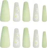 BRDXOOL Green Matte Wear Nails Long Fresh Flowers Solid Color Nail Art Nails Women DIY Decoration Handmade Nails Medium Long Girls Fingernail Decoration