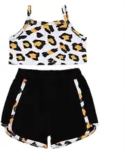 [FEESHOW] Kids Girls 2Pcs Sleeveless Leopard Print Crop Cami Top with Shorts Pants Set Sport Workout Athletic Outfits