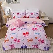 Aimuan Pink Strawberries Comforter Set Cartoon Love Hearts Flowers and Grass Bedding Set for Girls Boys Kids Lightweight Soft 6 Piece with 2 Pillow Covers (Blush, Twin 6Pcs)