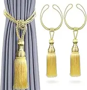 Rayong 2Pcs Premium Tassel Curtains Tie Backs Curtain Tiebacks Tassel, Antique Tassels Holdbacks Living Tassel Ball Rope for Home Decor (Gold)