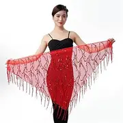 [Generic] Belly Dance Hip Scarf Belly Dance Sequins Tassel Triangle Towel Performance Hip Towel Practice Waist Chain Waist Towel Belly Dance Waist Belt(Red)