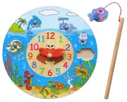 WOODEN preschool OCEAN CLOCK toys kids Learn count 12 PUZZLE number time fishing