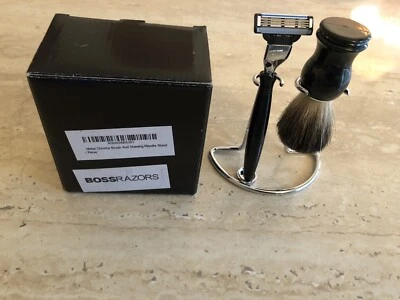 BOSS RAZORS Metal Chrome Shaving Set. Stand, Badger Brush & Shaving Handle Only