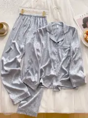Leopard 100% Mulberry Silk Long Sleeve 2pc Pajama Set Women Sleepwear