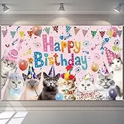 Cat Birthday Decorations, 185 * 110cm Happy Birthday Banner, Reusable Happy Birthday Backdrop, Pink Birthday Decorations, Durable Party Decorations Photography Background, Party Supplies