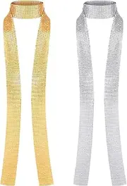 [SATINIOR] 2 Pieces Gold and Silver Sparkle Metal Sequins Neck Tie Scarf Glitter Tie Shawls Thin Skinny Shawls Necker Chief for Party Evening, Beach Swimwear Party, Daily Wear, Silver, Gold, Medium