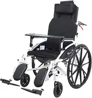 Wheelchair Lightweight Wheelchair 18 Inch Seat High Back Full Reclining Transport Wheelchair Adjustable Headrest Foldable Bedside Commode W/Tray Table & Bedpan, 220lb Driving Trolley