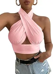 [Rooscier] Women's Sexy Crisscross Halter Cutout Sleeveless Backless Cami Crop Top