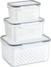 3 Pack Food Storage Containers for Fridge, Leakproof Fridge Containers Organizers with Removable Colander for Fruit Salad Vegetables, Multi-Size Large Capacity Kitchen Organisers with Lid