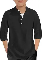 [Sunborui] Boys 3/4 Sleeve Linen Henley Shirts Summer Button Up Dress Shirts Casual Lightweight Tees Tops, Black, 11 Years