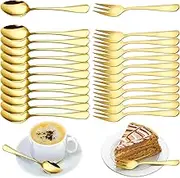 Gohytal 24 Piece Coffee Spoons and Cake Forks Set, Gold Teaspoon, Cake Fork Set, Small Spoon and Fork, Stainless Steel, 12 Small Spoons and 12 Forks Small Set for Wedding, Birthday