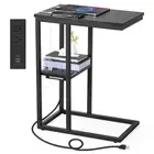 C Shaped End Table with Charging Station, Small Side Table for Couch, Snack S...
