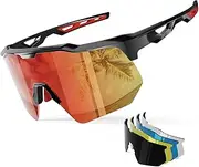 Fast Glasses, Polarised Cycling Glasses, Men and Women, Sports Glasses, 5 Interchangeable Lenses, 3D Adjustable Nose Support, 99% UV Protection, Lightweight TR90 Glasses for Cycling, Black & Red