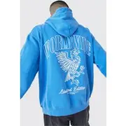 Mens Blue Oversized Overdye Worldwide Hoodie