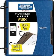 Five Star Flex Refillable Notebook + Study App, College Ruled Paper, 1-1/2 Inch TechLock Rings, Pockets, Tabs and Dividers, 300 Sheet Capacity, Blue (29324AD2)