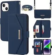 Cavor Crossbody Wallet Case for iPhone 14 Plus Case (6.7") Flip Cover Magnetic Leather Women Handbag Card Slots Holder Zipper Kickstand Purse with Detachable Shoulder Necklace Lanyard Strap-Navy Blue