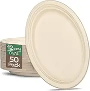 100% Compostable Oval Paper Plates [50-Pack] - (PFAS-Free) - (BPI Certified) - [10 Inch] Heavy Duty, Eco-Friendly, Biodegradable Bagasse Dinner Platters - Natural Brown 10" Oval Plates