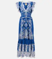 [Farm Rio] Farm Rio Embroidered linen-blend maxi dress AU 6 blue