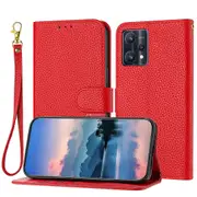 Realme 9 Pro Case Litchi Grain PU Leather Folio Cover Magnetic Closure Flip Wallet Card Slots Stand Case With Hand Strap, Brown - Red