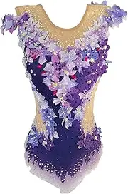 [JoyCan] Rhythmic Gymnastics Leotards Purple Flower Diamond Sleeveless Girls Competition Performance