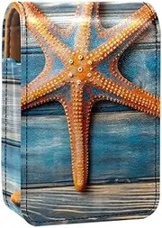 Lipstick Case,Leather Lip Gloss Lipstick Organizer with Mirror,Mini Lipstick Holder Bag,Wooden Background with Starfish